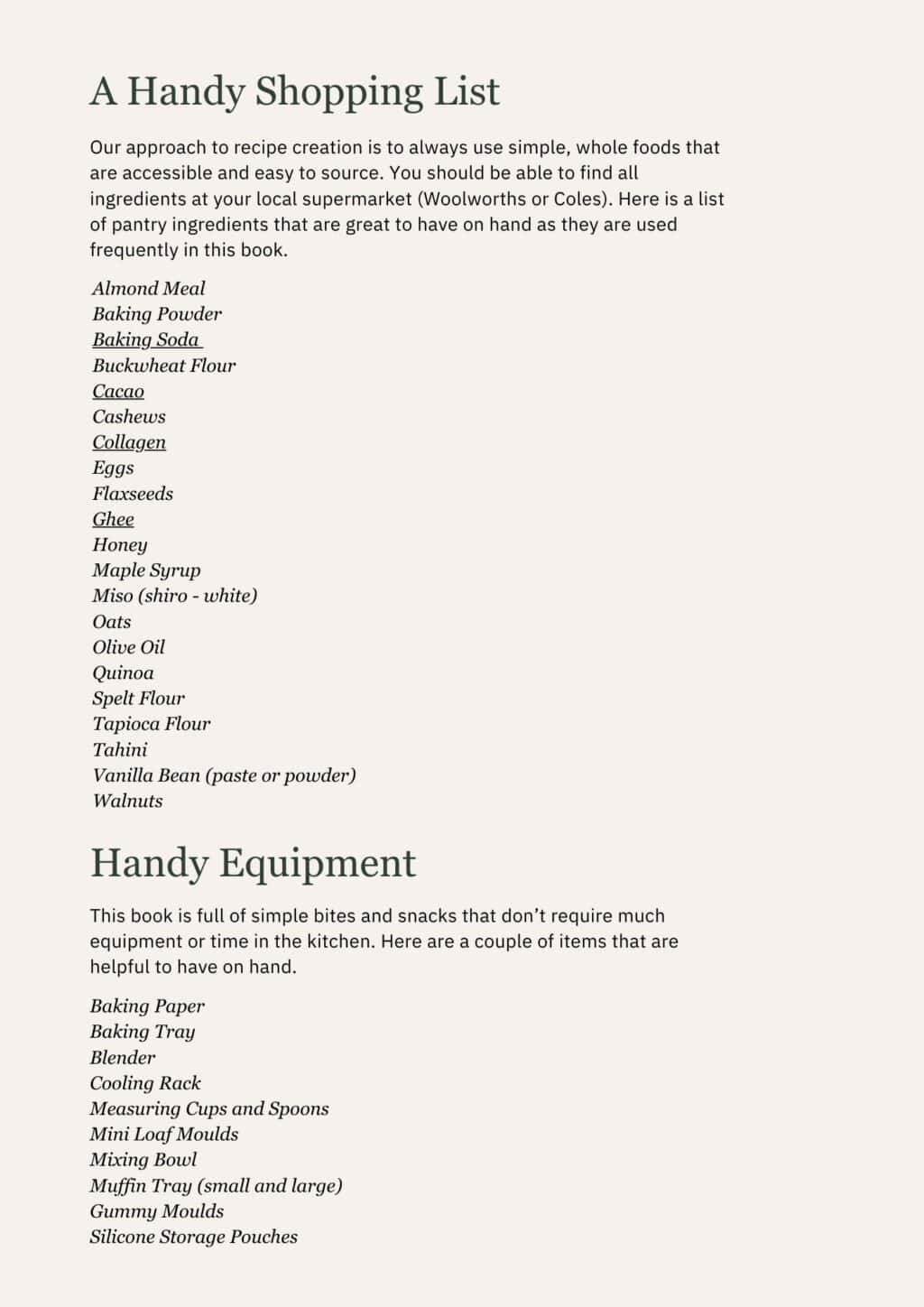 Village For Mama A shopping list and equipment guide for recipes, featuring ingredients like almonds, chia seeds, and eggs, along with tools such as baking trays, blenders, and mixing bowls.