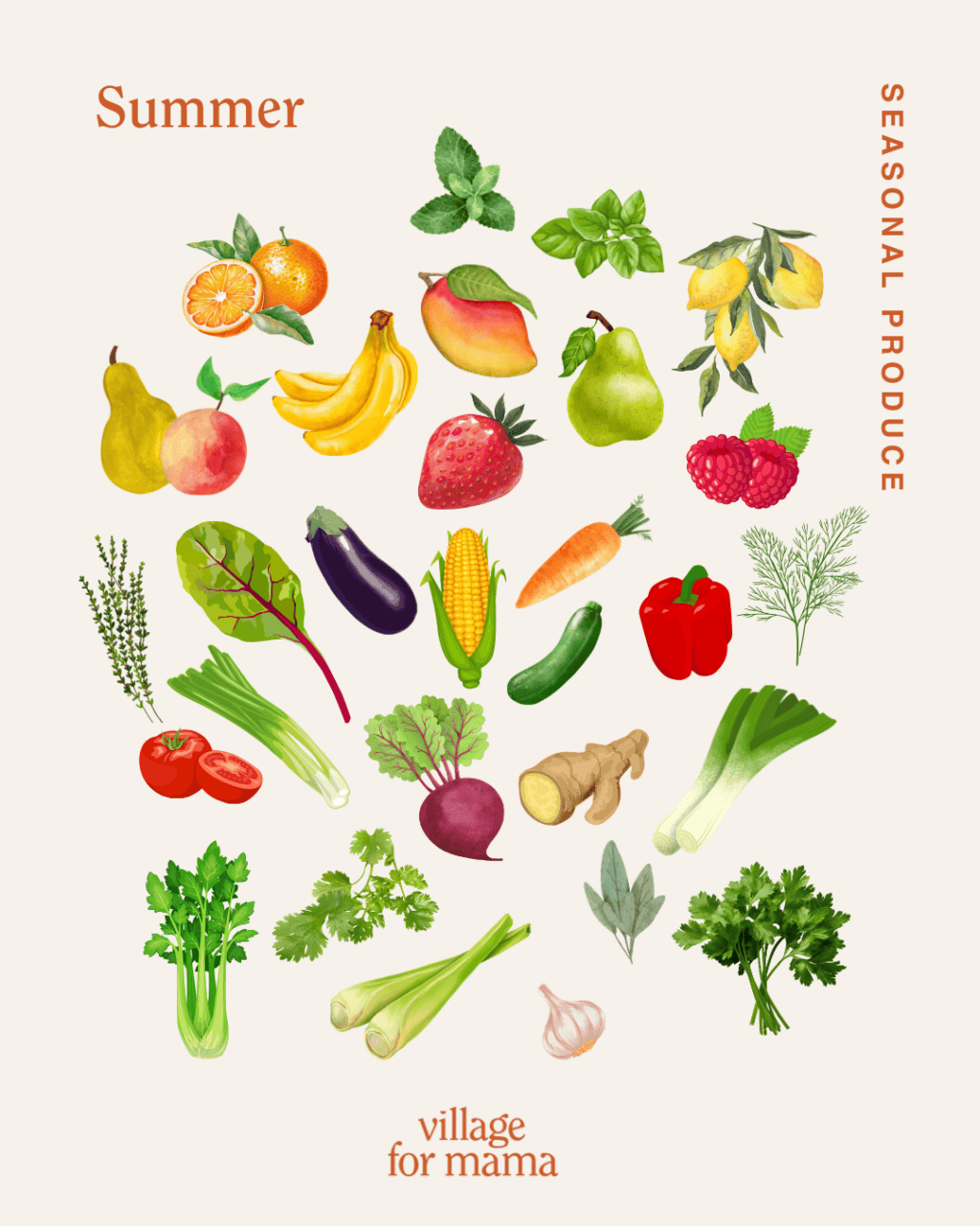 Village For Mama An illustrated collection of fruits and vegetables labeled as summer seasonal produce, including tomatoes, eggplant, corn, ginger, and more. Text reads "Summer Seasonal Produce" and "village for mama.